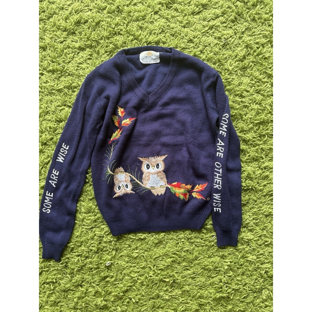 Vintage 70s Cyn Les Shirlee Designs Womens Blue Owl Sweater Some Are Wise